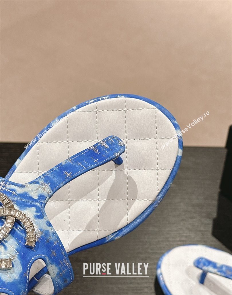 Chanel Printed Fabric Flat Thong Sandals with Pearls Flower Sky Blue 2024 0603 (MD-240603107)