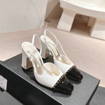 Chanel Lambskin Patent Calfskin Slingback Pumps 9cm with Chain White 2024 0603 (MD-240603028)