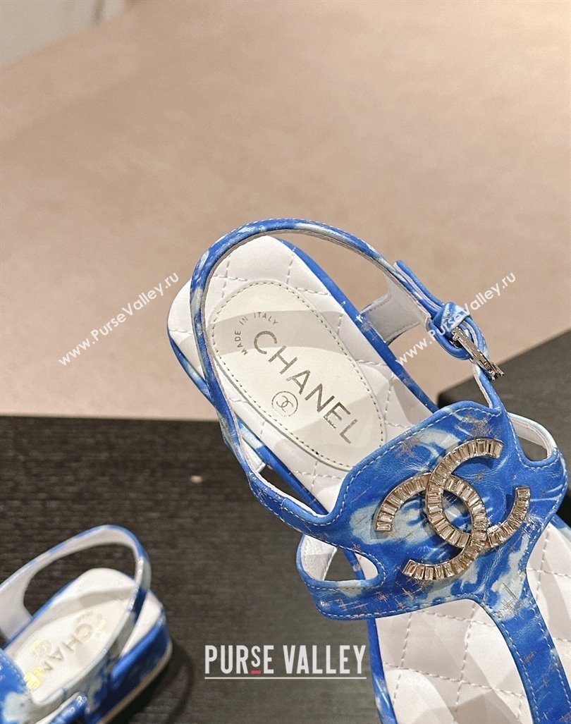 Chanel Printed Fabric Flat Thong Sandals with Pearls Flower Sky Blue 2024 0603 (MD-240603107)