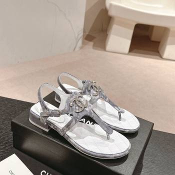 Chanel Printed Fabric Flat Thong Sandals with Pearls Flower Grey 2024 0603 (MD-240603108)