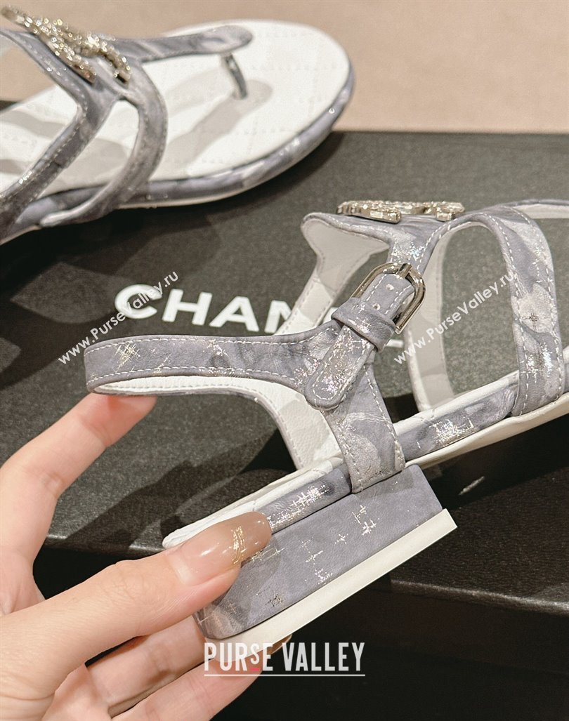 Chanel Printed Fabric Flat Thong Sandals with Pearls Flower Grey 2024 0603 (MD-240603108)