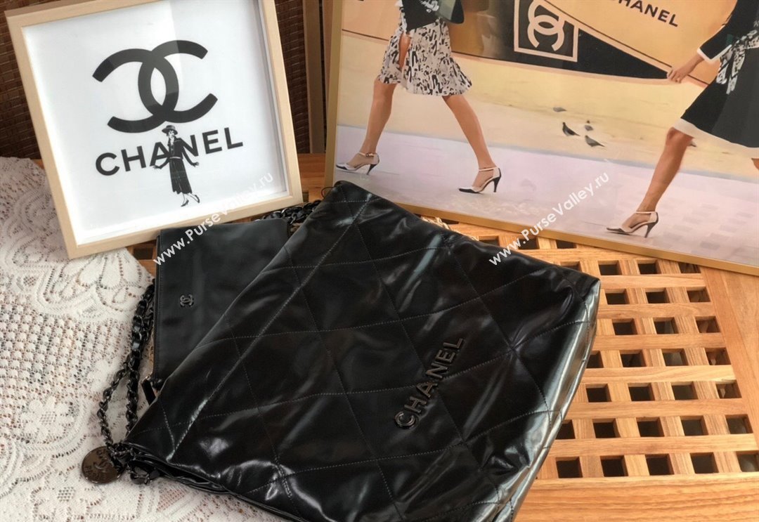 Chanel 22 Shiny Calfskin Small Shopping Bag AS3260 Black/Gunmetal 2024 0626 (SM-240626078)