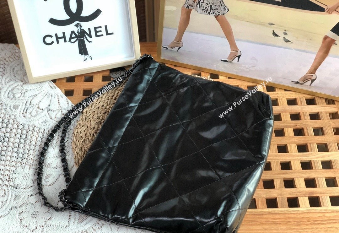 Chanel 22 Shiny Calfskin Small Shopping Bag AS3260 Black/Gunmetal 2024 0626 (SM-240626078)