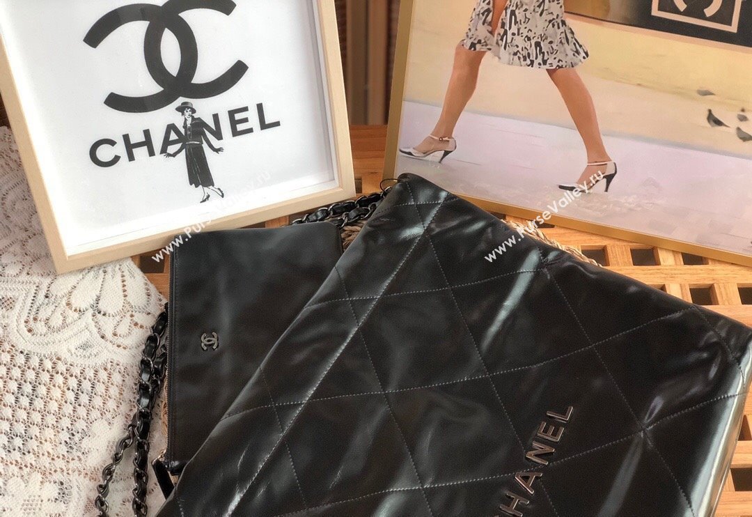 Chanel 22 Shiny Calfskin Small Shopping Bag AS3260 Black/Gunmetal 2024 0626 (SM-240626078)