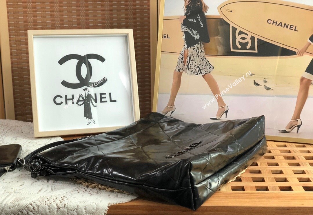 Chanel 22 Shiny Calfskin Small Shopping Bag AS3260 Black/Gunmetal 2024 0626 (SM-240626078)