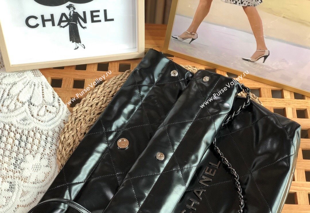 Chanel 22 Shiny Calfskin Small Shopping Bag AS3260 Black/Gunmetal 2024 0626 (SM-240626078)