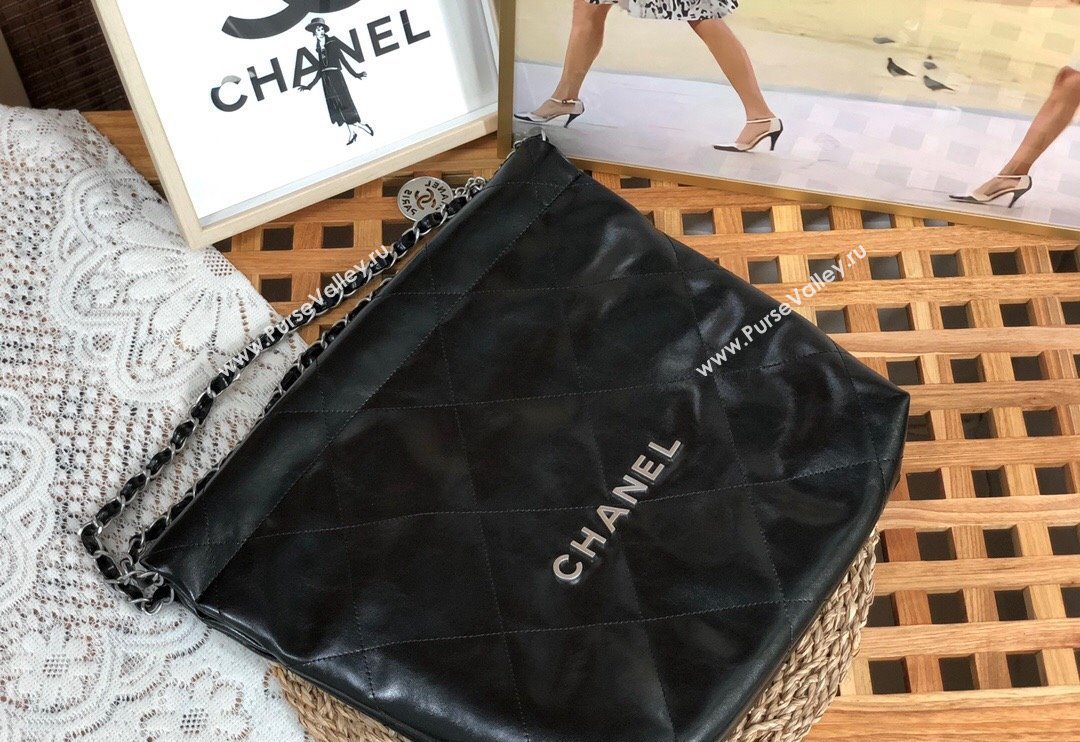 Chanel 22 Shiny Calfskin Leather Small Shopping Bag AS3260 Black/Aged Silver 2024 0626 (SM-240626080)