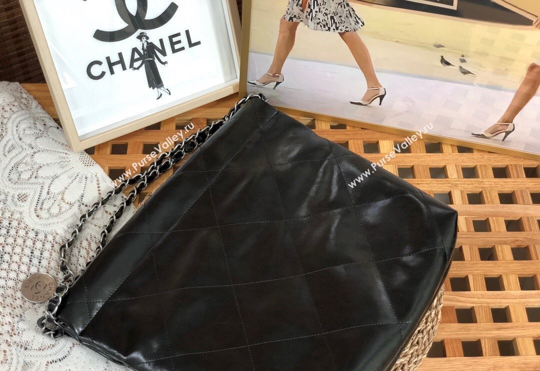 Chanel 22 Shiny Calfskin Leather Small Shopping Bag AS3260 Black/Aged Silver 2024 0626 (SM-240626080)