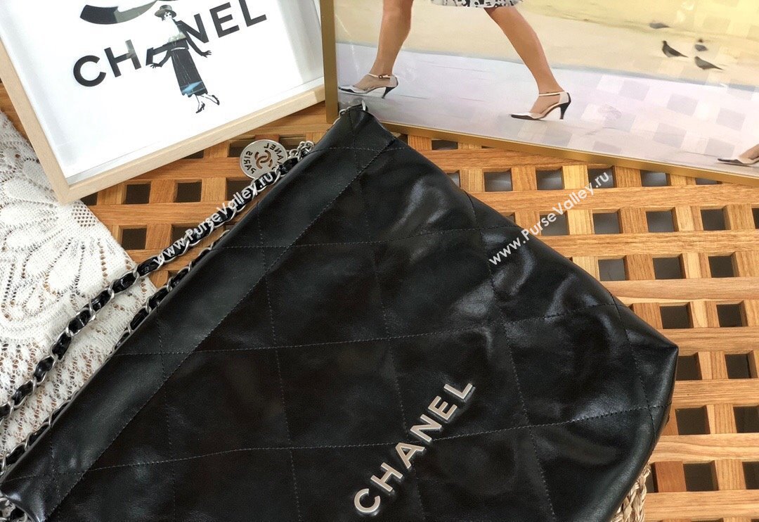 Chanel 22 Shiny Calfskin Leather Small Shopping Bag AS3260 Black/Aged Silver 2024 0626 (SM-240626080)