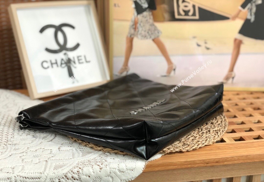 Chanel 22 Shiny Calfskin Leather Small Shopping Bag AS3260 Black/Aged Silver 2024 0626 (SM-240626080)