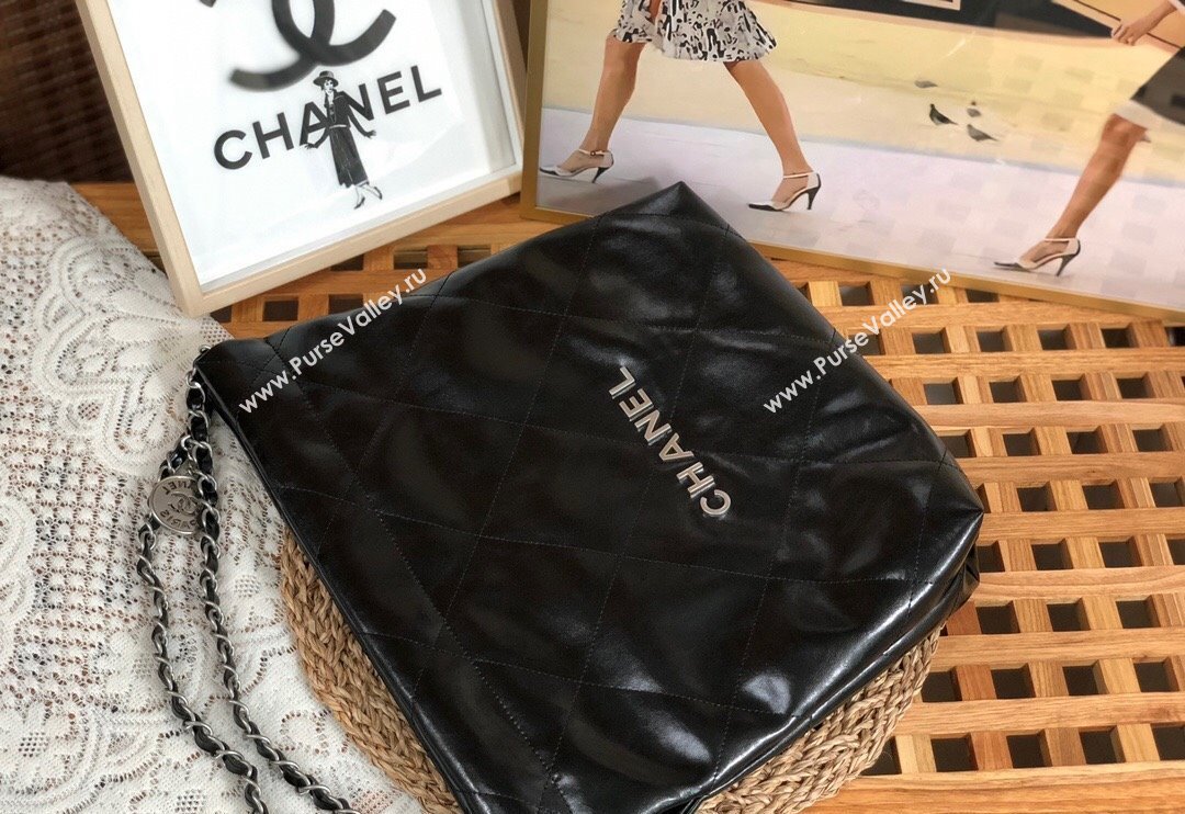 Chanel 22 Shiny Calfskin Leather Small Shopping Bag AS3260 Black/Aged Silver 2024 0626 (SM-240626080)