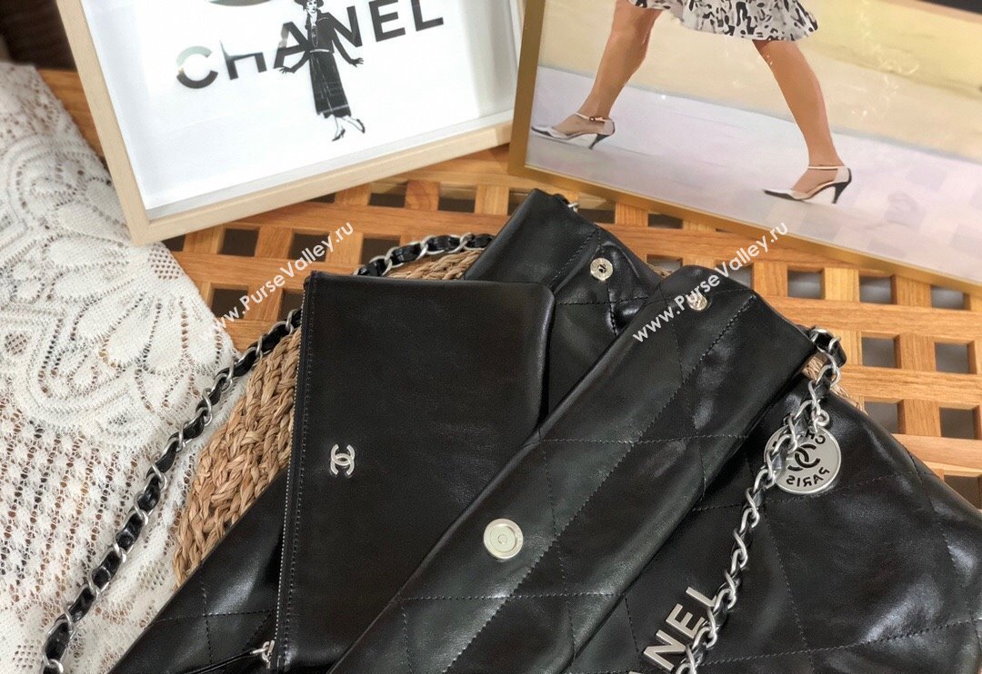 Chanel 22 Shiny Calfskin Leather Small Shopping Bag AS3260 Black/Aged Silver 2024 0626 (SM-240626080)