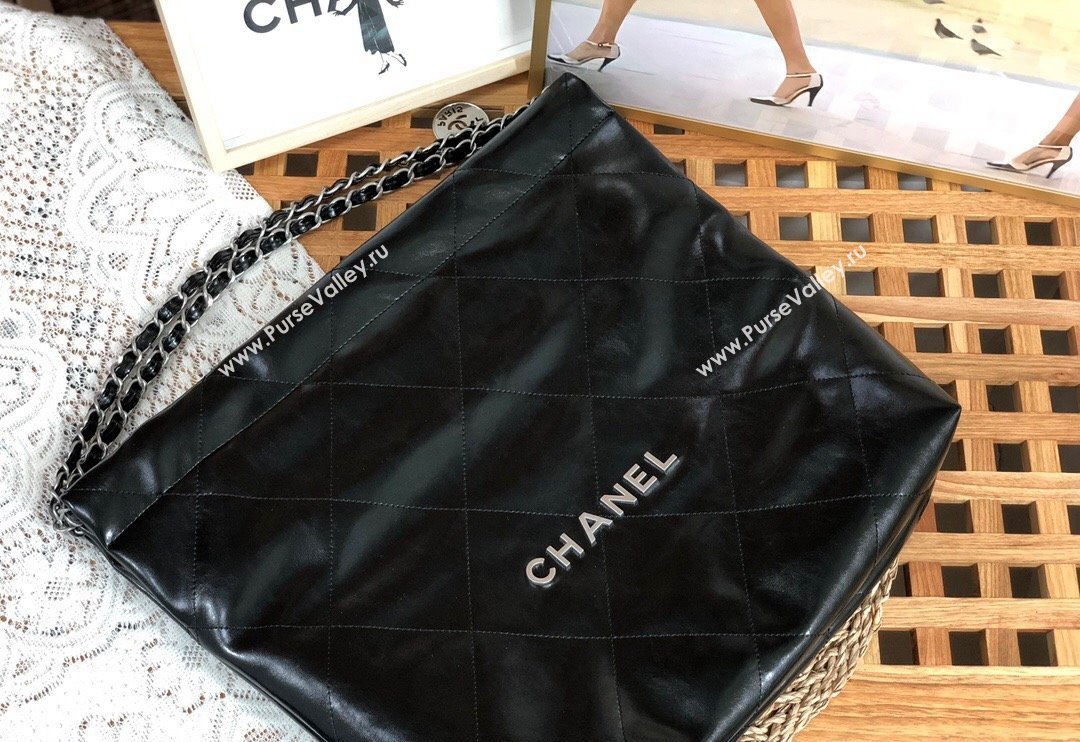 Chanel 22 Shiny Calfskin Leather Shopping Bag AS3261 Black/Aged Silver 2024 0626 (SM-240626081)