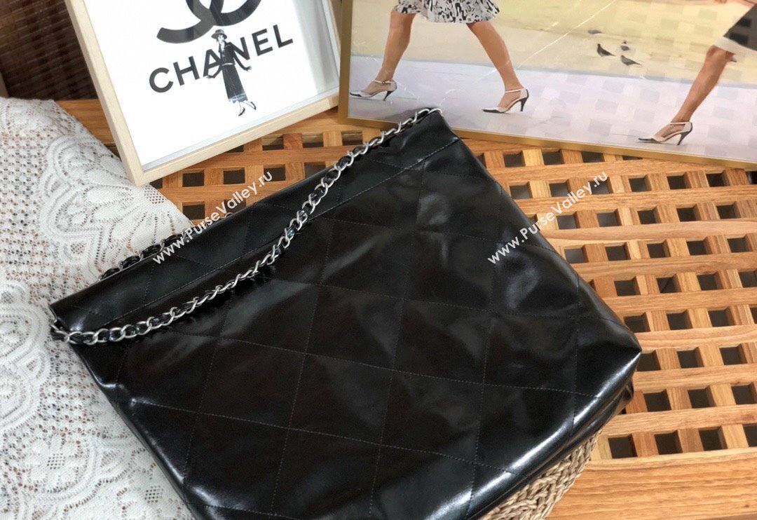 Chanel 22 Shiny Calfskin Leather Shopping Bag AS3261 Black/Aged Silver 2024 0626 (SM-240626081)