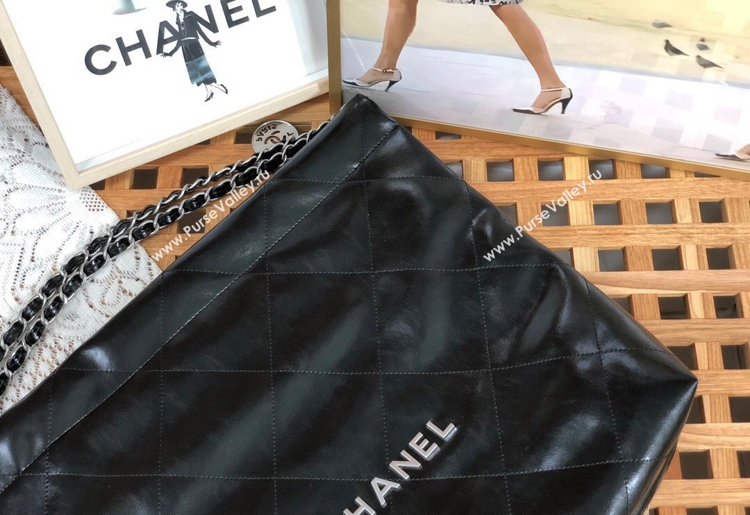 Chanel 22 Shiny Calfskin Leather Shopping Bag AS3261 Black/Aged Silver 2024 0626 (SM-240626081)