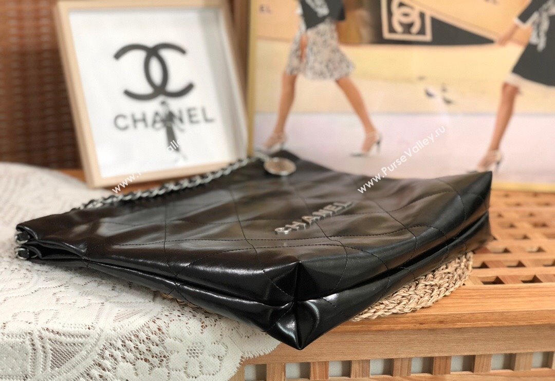 Chanel 22 Shiny Calfskin Leather Shopping Bag AS3261 Black/Aged Silver 2024 0626 (SM-240626081)