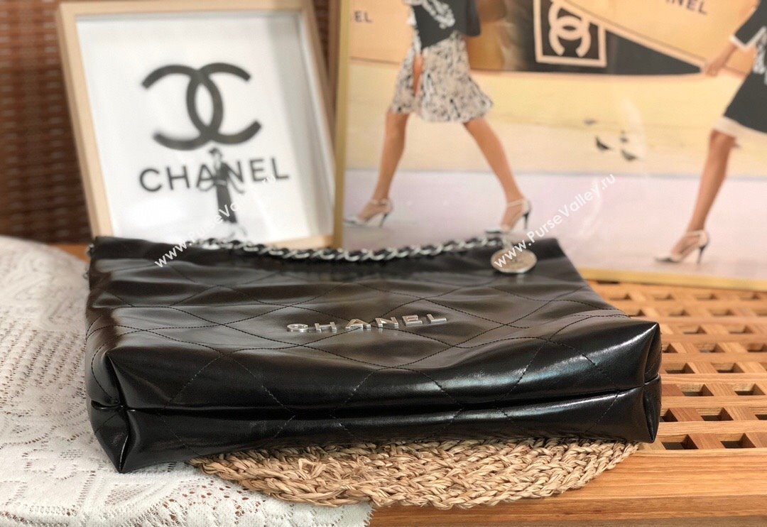 Chanel 22 Shiny Calfskin Leather Shopping Bag AS3261 Black/Aged Silver 2024 0626 (SM-240626081)