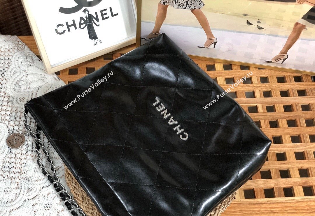 Chanel 22 Shiny Calfskin Leather Shopping Bag AS3261 Black/Aged Silver 2024 0626 (SM-240626081)