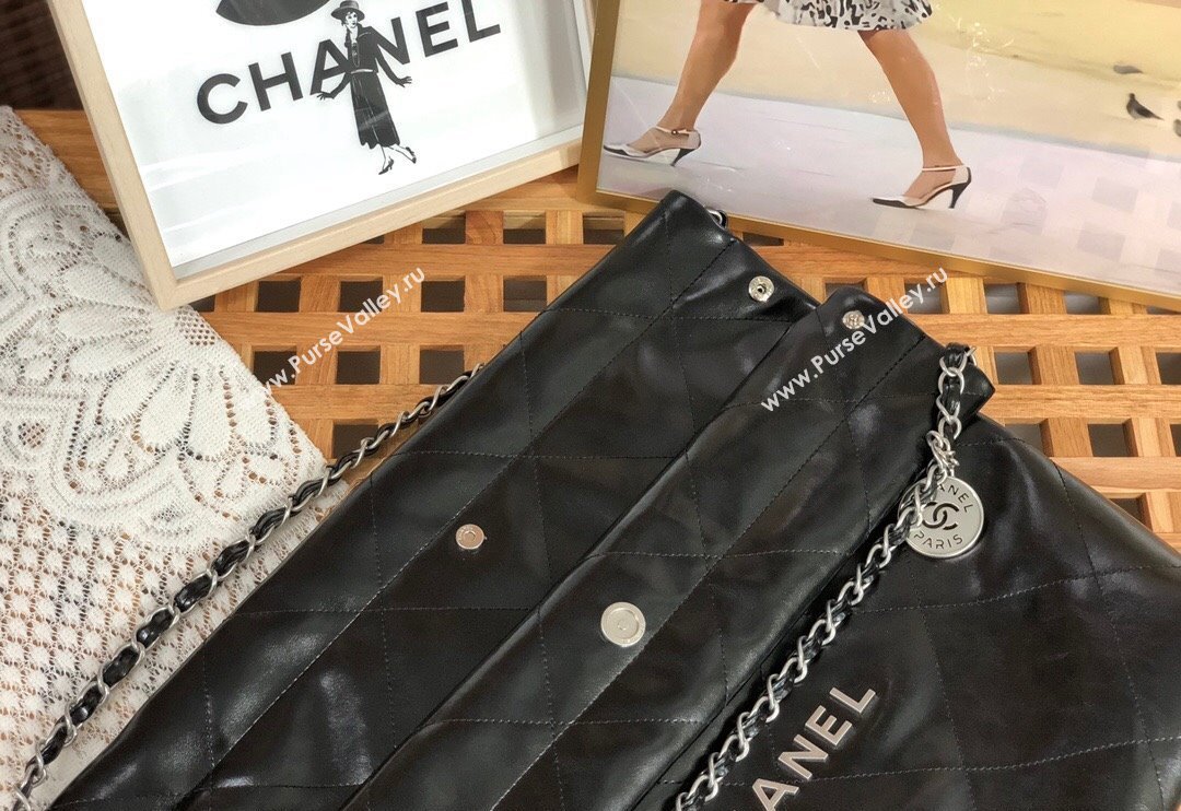 Chanel 22 Shiny Calfskin Leather Shopping Bag AS3261 Black/Aged Silver 2024 0626 (SM-240626081)