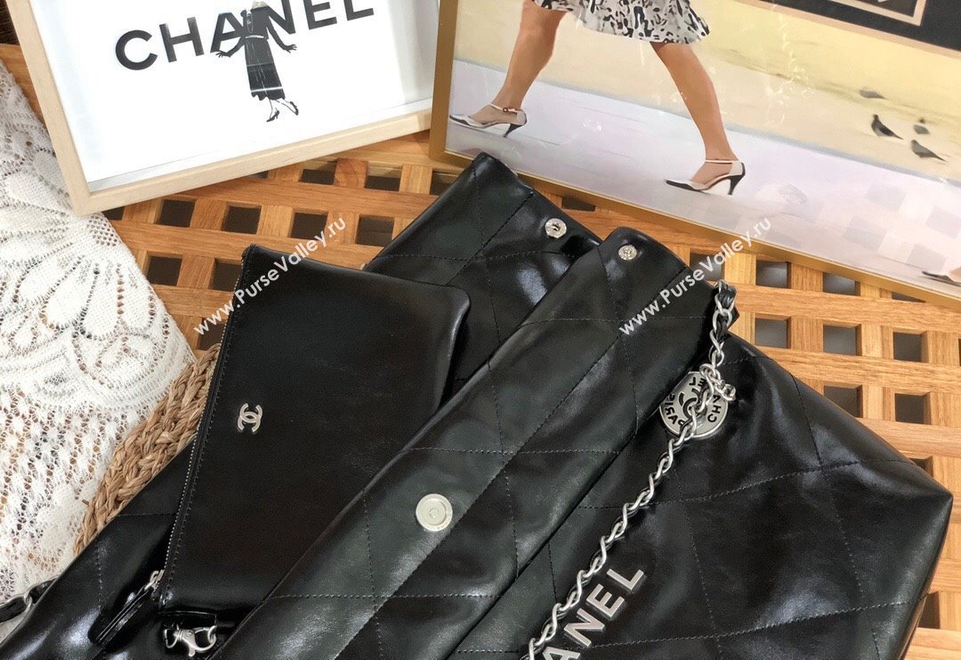 Chanel 22 Shiny Calfskin Leather Shopping Bag AS3261 Black/Aged Silver 2024 0626 (SM-240626081)