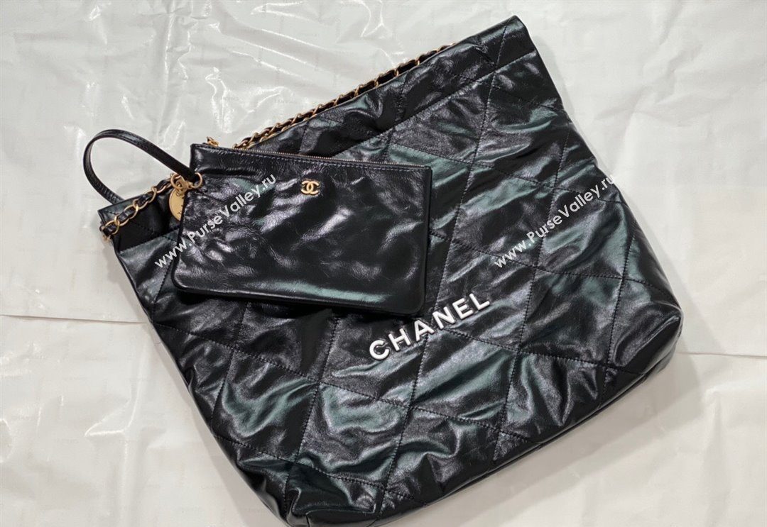 Chanel 22 Shiny Calfskin Leather Shopping Bag AS3261 Black/White 2024 0626 (SM-240626082)