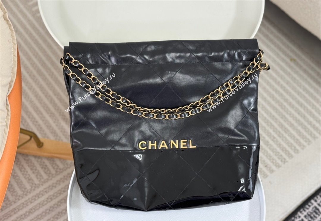 Chanel 22 Shiny Calfskin  Patent Patchwork Small Shopping Bag AS3260 Black 2024 0626 (SM-240626061)