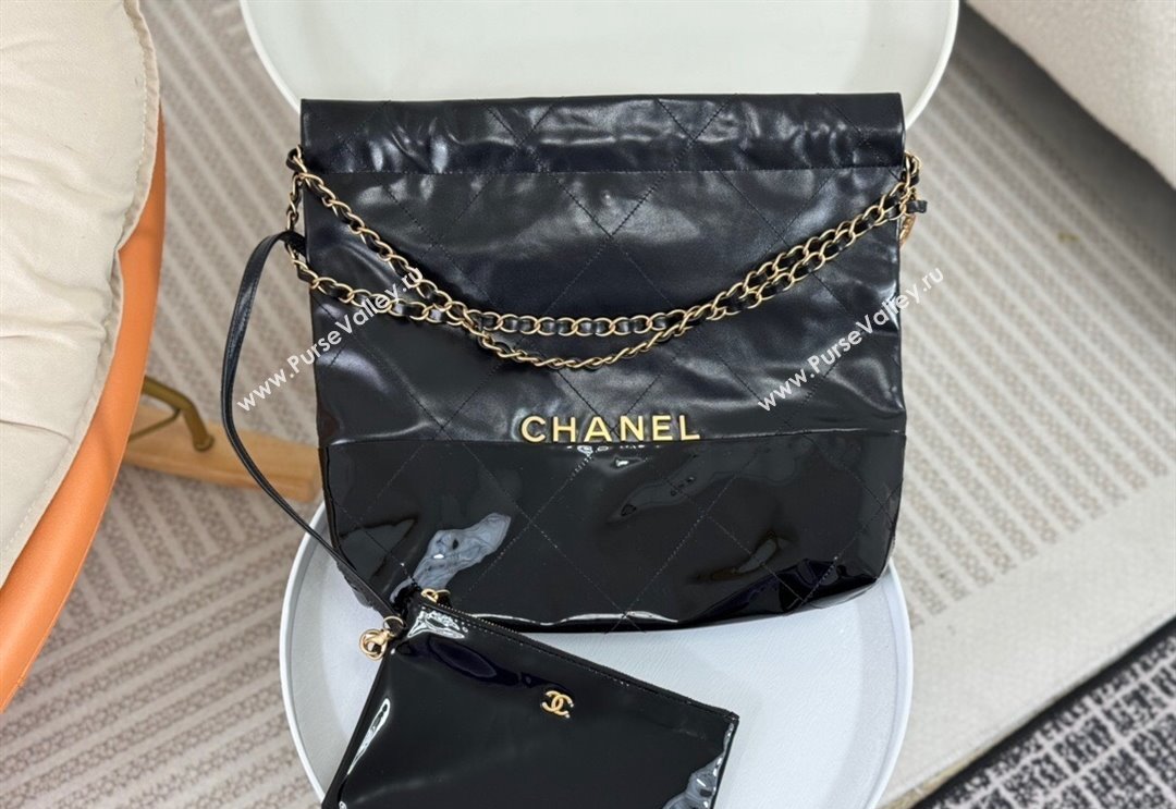 Chanel 22 Shiny Calfskin  Patent Patchwork Small Shopping Bag AS3260 Black 2024 0626 (SM-240626061)