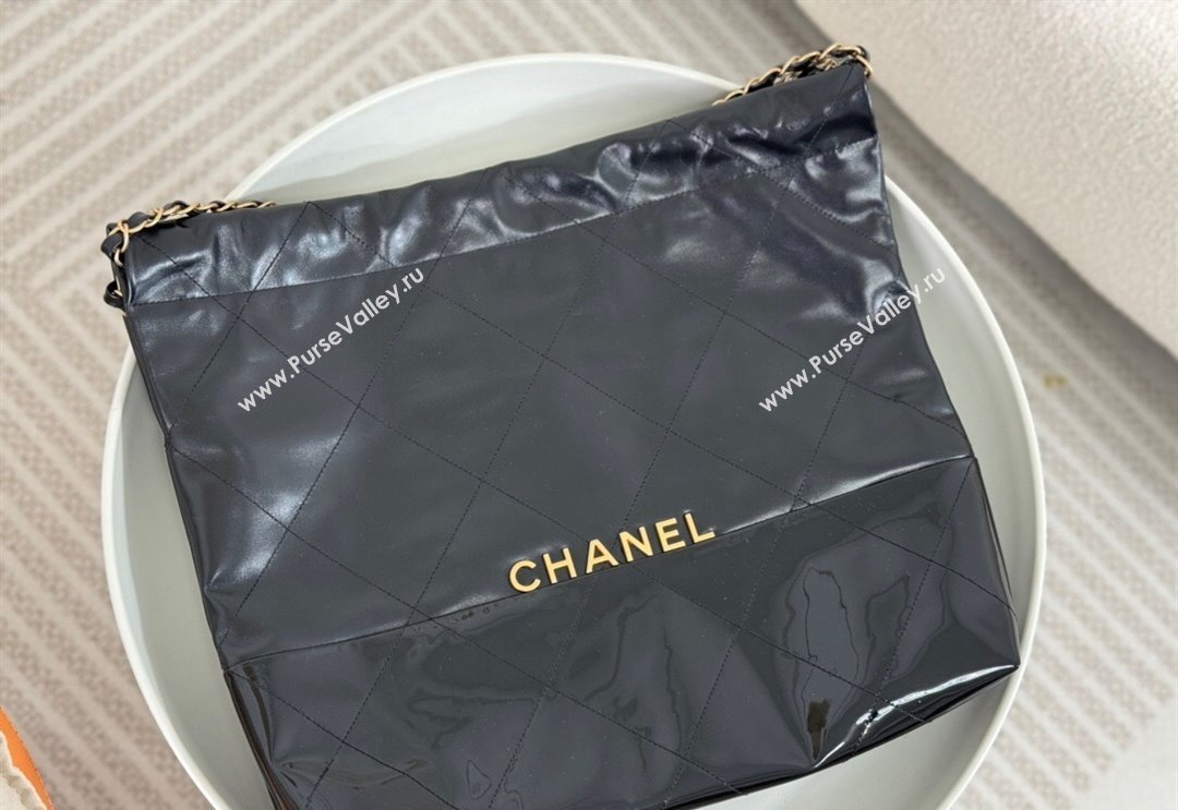 Chanel 22 Shiny Calfskin  Patent Patchwork Shopping Bag AS3261 Black 2024 0626 (SM-240626065)