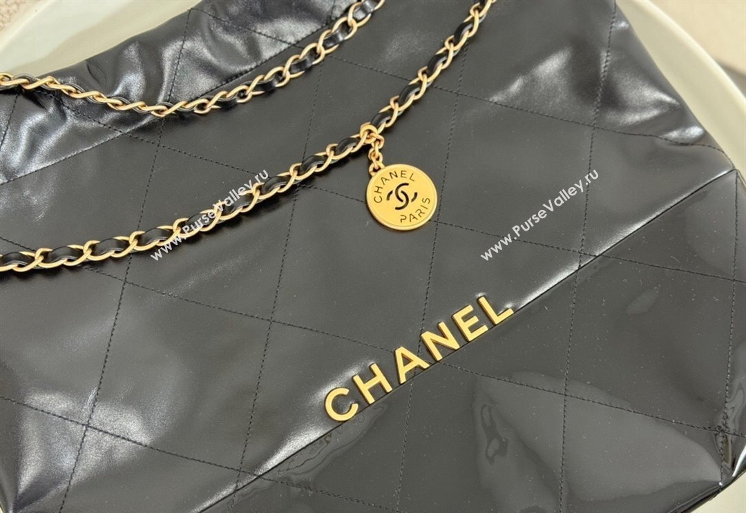 Chanel 22 Shiny Calfskin  Patent Patchwork Shopping Bag AS3261 Black 2024 0626 (SM-240626065)