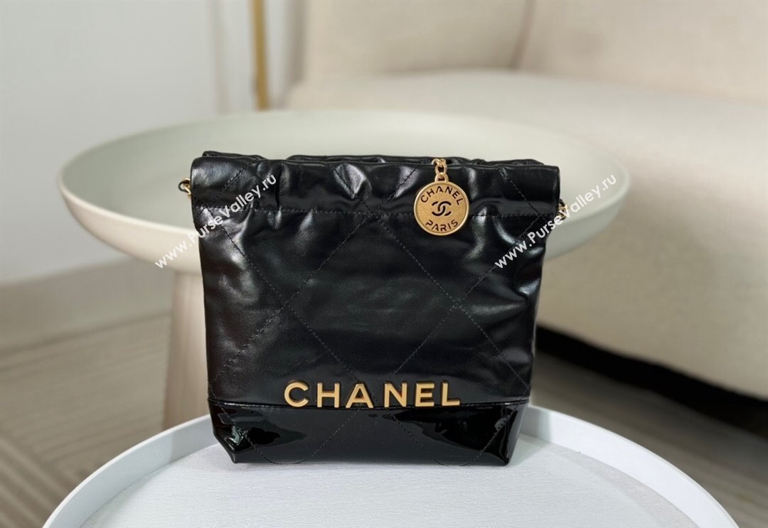 Chanel 22 Shiny Calfskin  Patent Patchwork Mini Shopping Bag AS3980 Black 2024 0626 (SM-240626060)