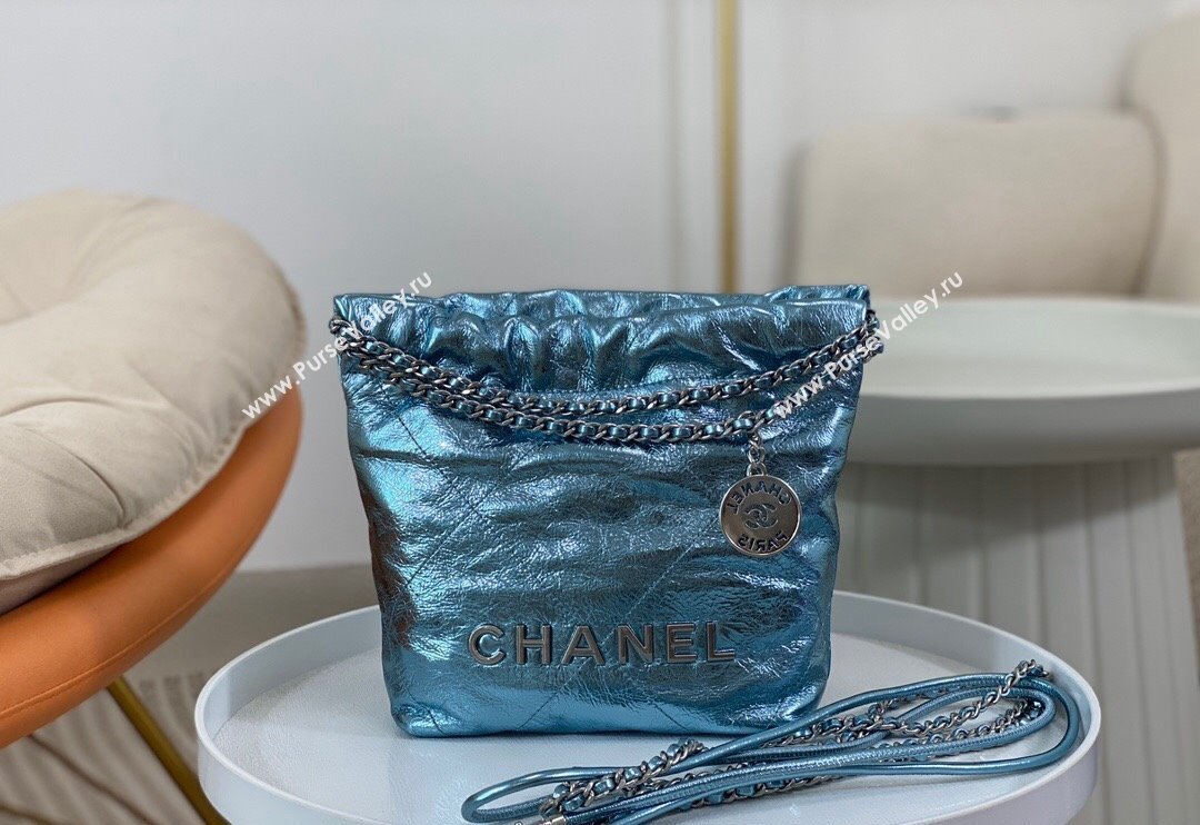 Chanel 22 Metallic Shiny Calfskin Mini Shopping Bag AS3980 Light Blue 2024 (SM-240626086)