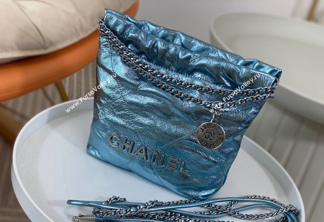 Chanel 22 Metallic Shiny Calfskin Mini Shopping Bag AS3980 Light Blue 2024 (SM-240626086)