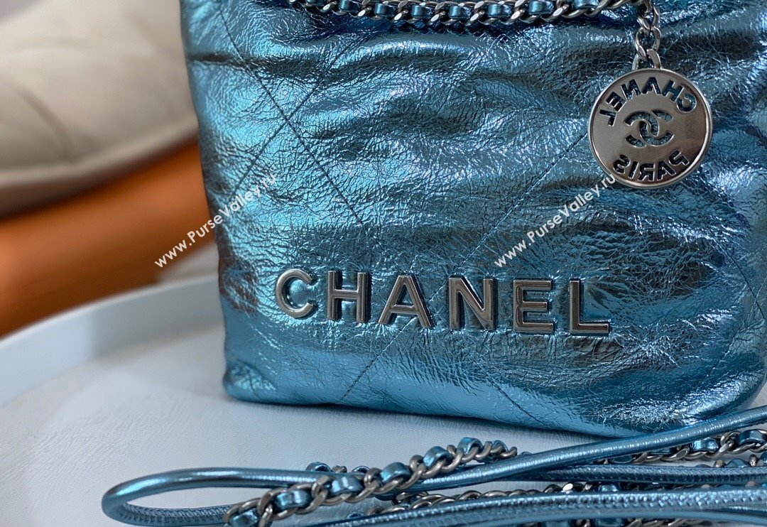 Chanel 22 Metallic Shiny Calfskin Mini Shopping Bag AS3980 Light Blue 2024 (SM-240626086)