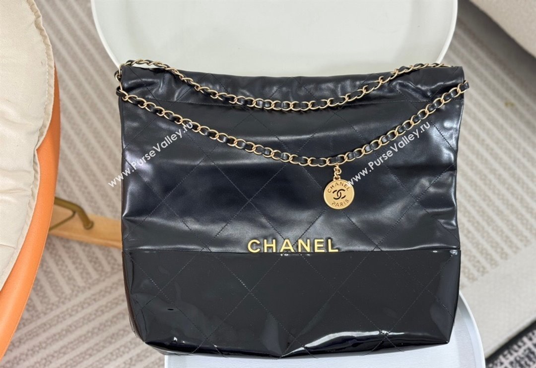 Chanel 22 Shiny Calfskin  Patent Patchwork Shopping Bag AS3261 Black 2024 0626 (SM-240626065)