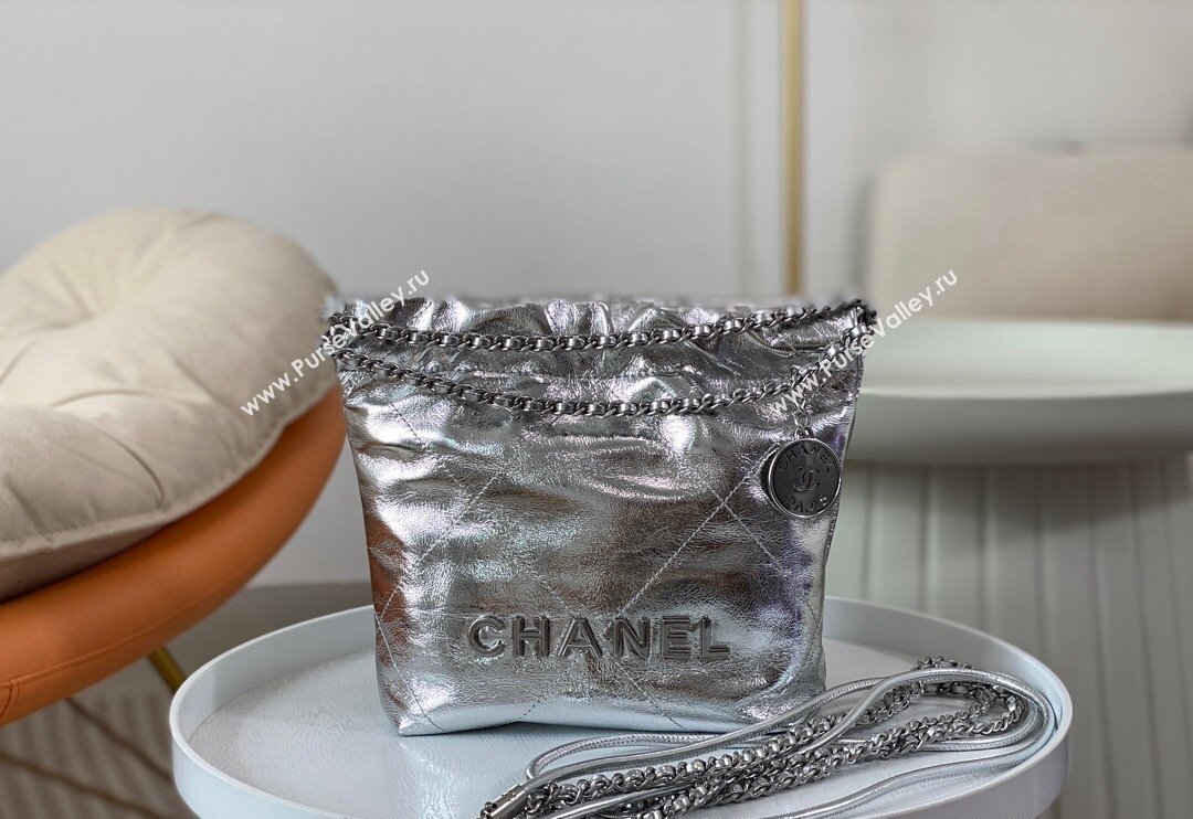 Chanel 22 Metallic Shiny Calfskin Mini Shopping Bag AS3980 Silver 2024 (SM-240626087)