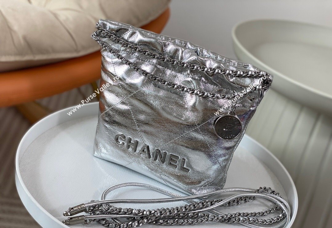 Chanel 22 Metallic Shiny Calfskin Mini Shopping Bag AS3980 Silver 2024 (SM-240626087)