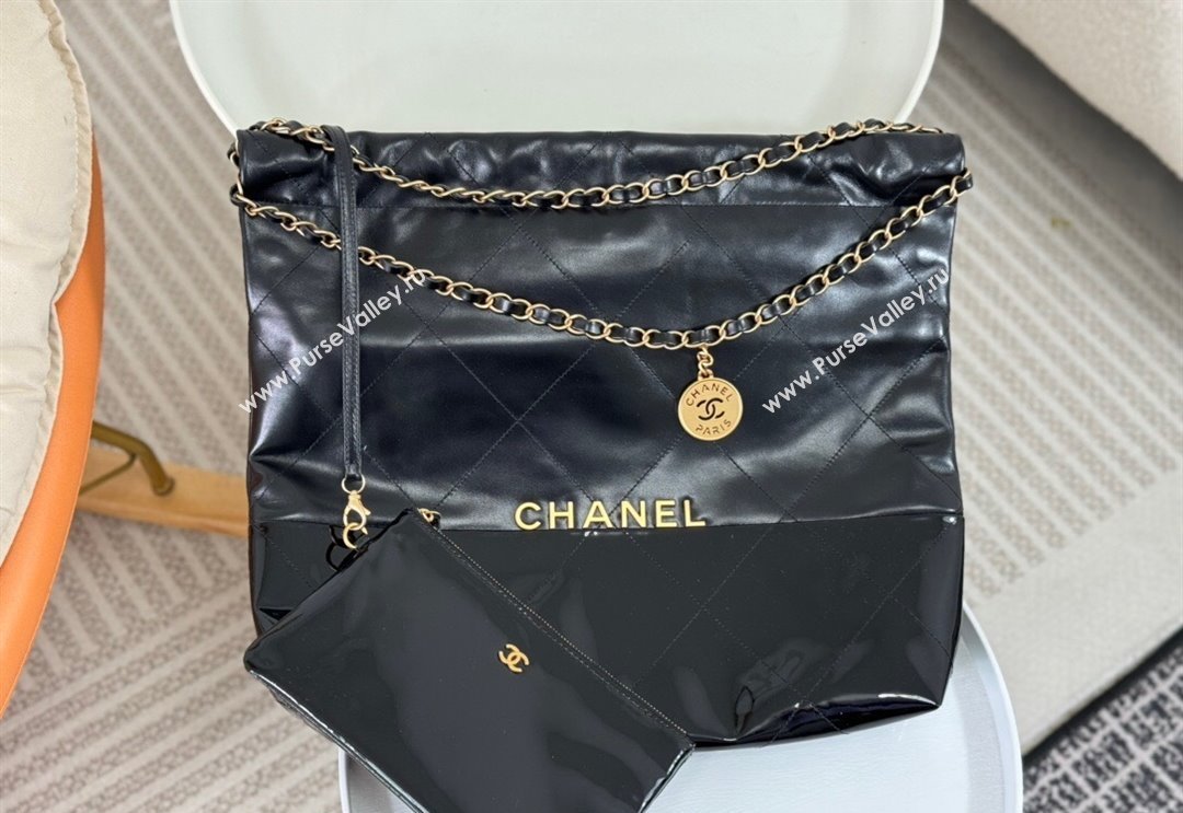 Chanel 22 Shiny Calfskin  Patent Patchwork Shopping Bag AS3261 Black 2024 0626 (SM-240626065)