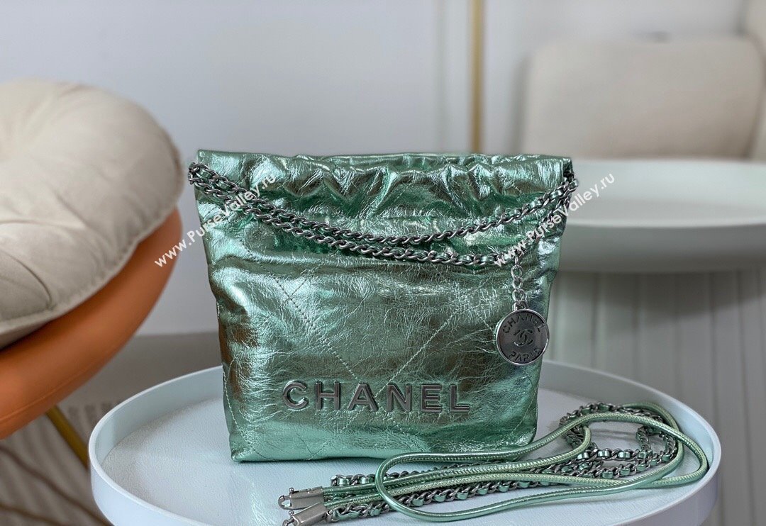 Chanel 22 Metallic Shiny Calfskin Mini Shopping Bag AS3980 Light Green 2024 (SM-240626088)