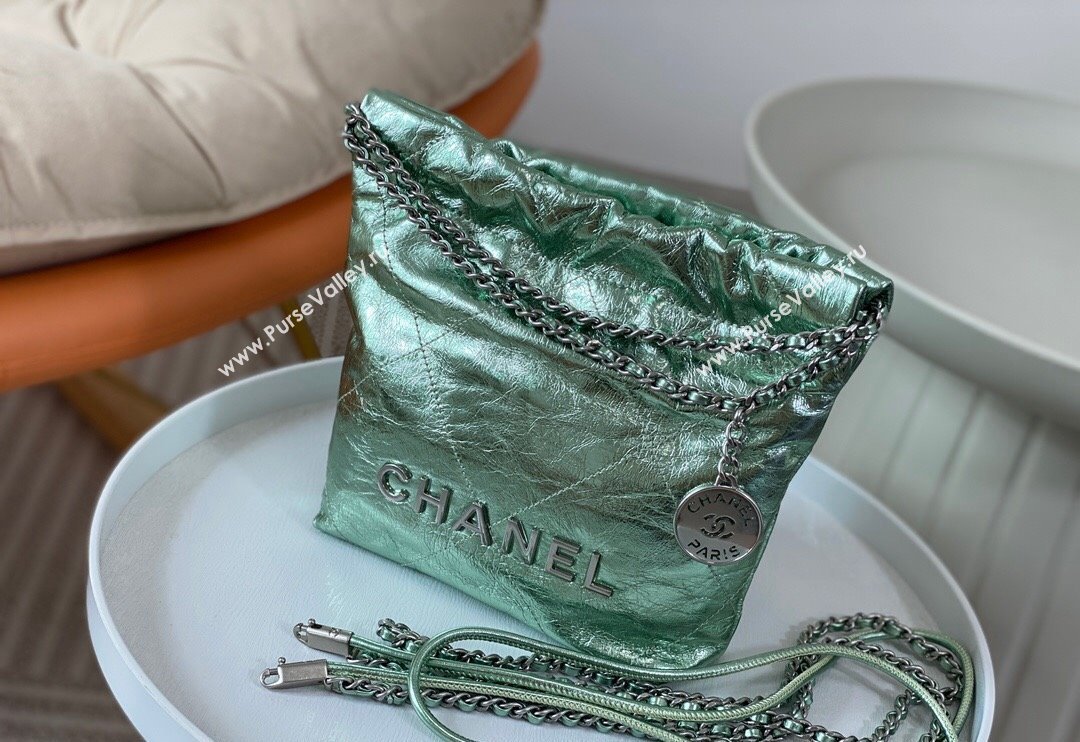 Chanel 22 Metallic Shiny Calfskin Mini Shopping Bag AS3980 Light Green 2024 (SM-240626088)