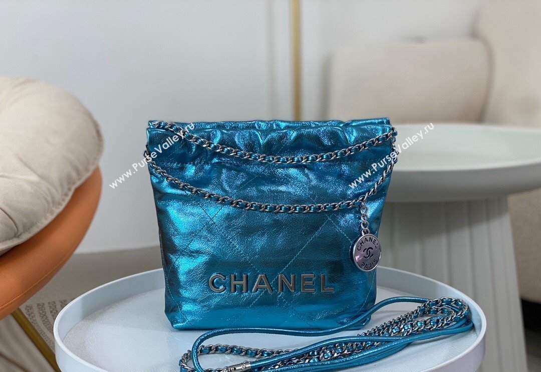 Chanel 22 Metallic Shiny Calfskin Mini Shopping Bag AS3980 Blue2 2024 (SM-240626089)