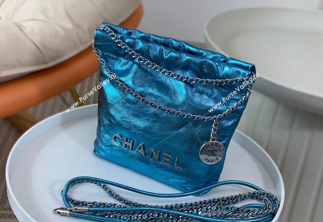 Chanel 22 Metallic Shiny Calfskin Mini Shopping Bag AS3980 Blue2 2024 (SM-240626089)