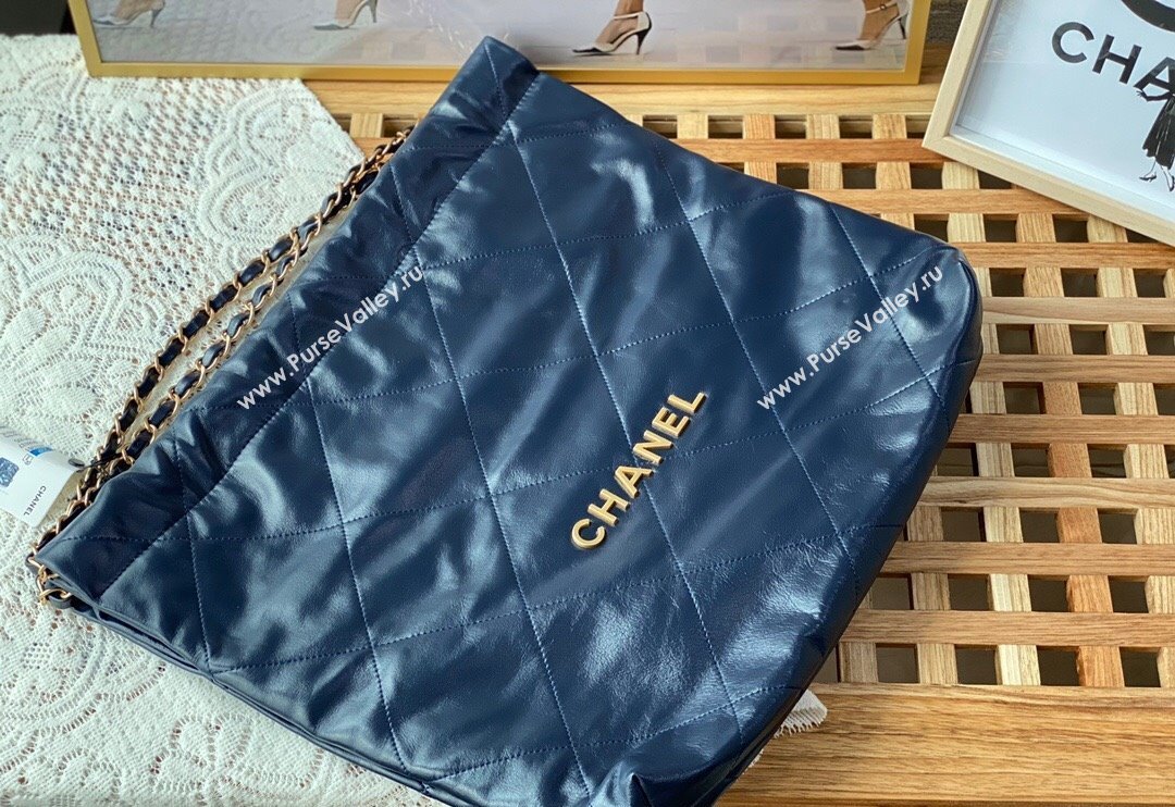 Chanel 22 Shiny Calfskin Leather Shopping Bag AS3261 Blue 2024 0626 (SM-240626069)