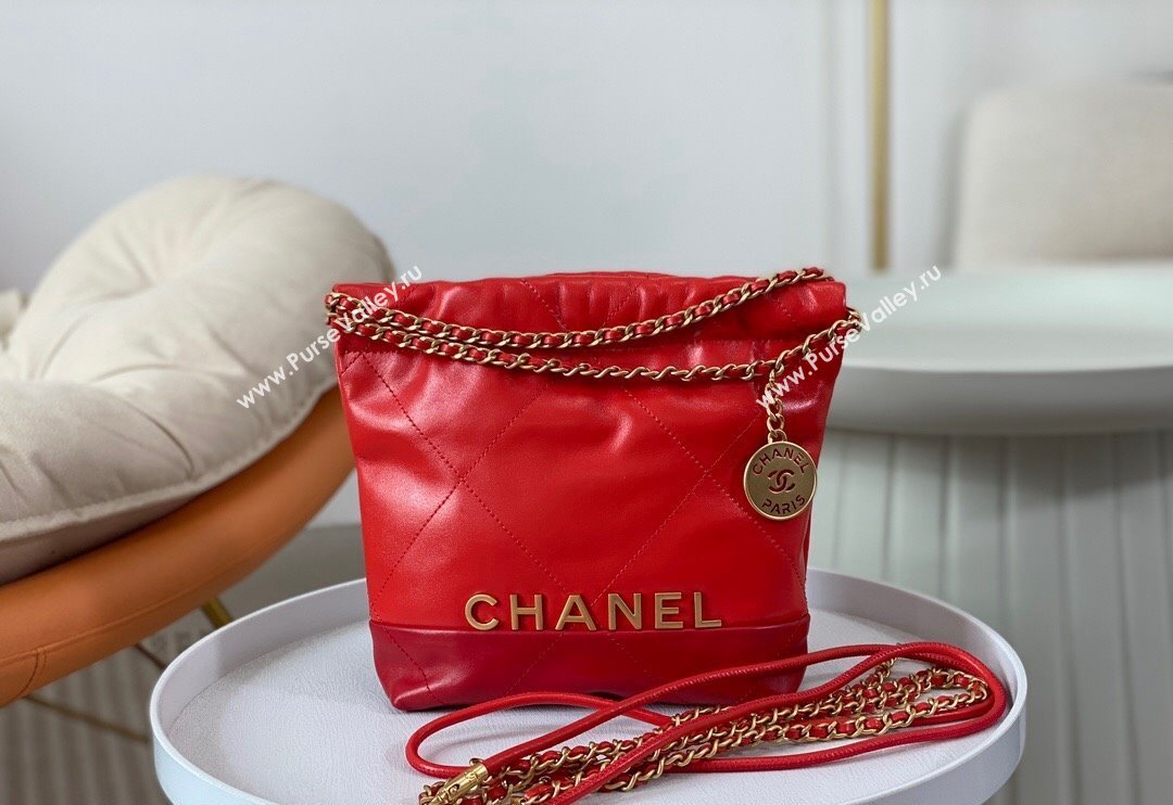 Chanel 22 Shiny Calfskin Patchwork Mini Shopping Bag AS3980 Red 2024 0626 (SM-240626058)