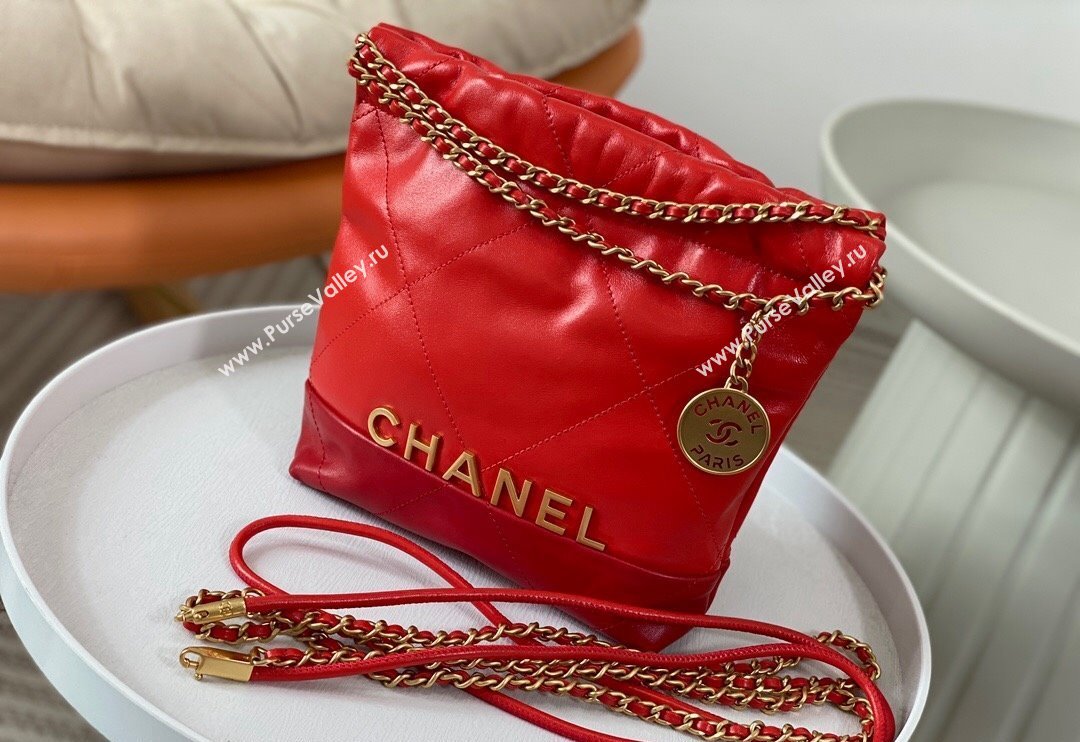 Chanel 22 Shiny Calfskin Patchwork Mini Shopping Bag AS3980 Red 2024 0626 (SM-240626058)