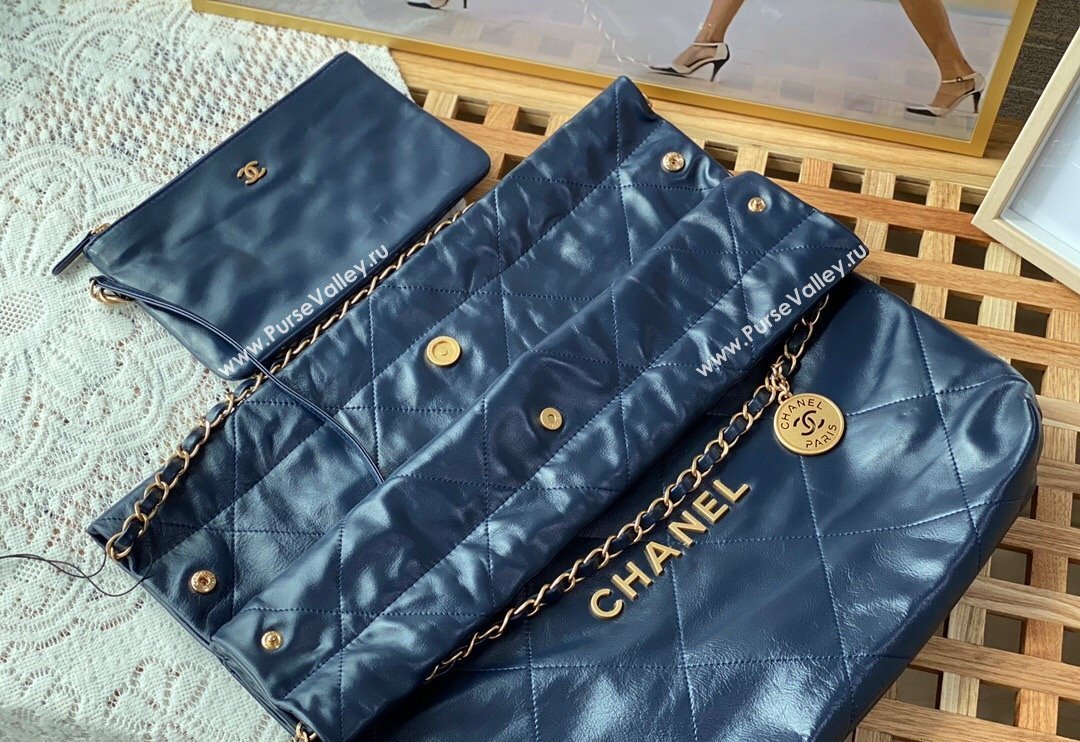 Chanel 22 Shiny Calfskin Leather Shopping Bag AS3261 Blue 2024 0626 (SM-240626069)