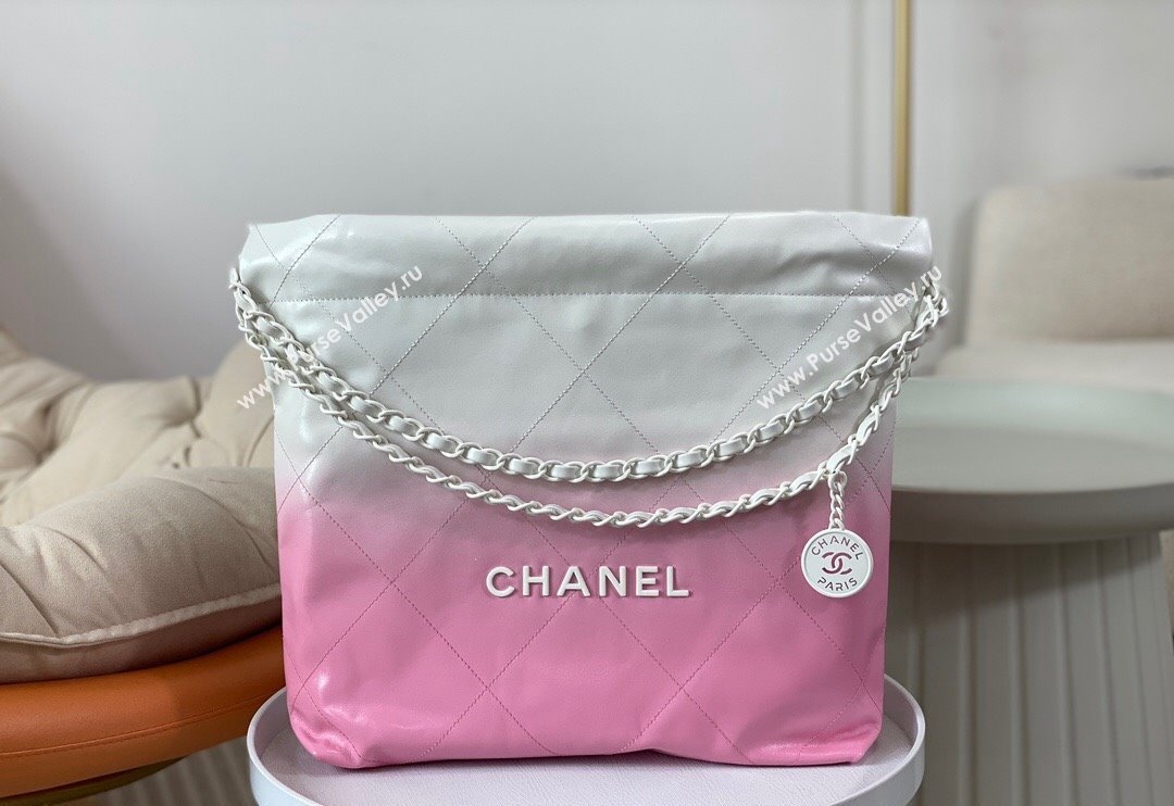 Chanel 22 Patent Gradient Calfskin  Lacquered Metal Small Shopping Bag AS3260 Pink/White 2024 0626 (SM-240626048)