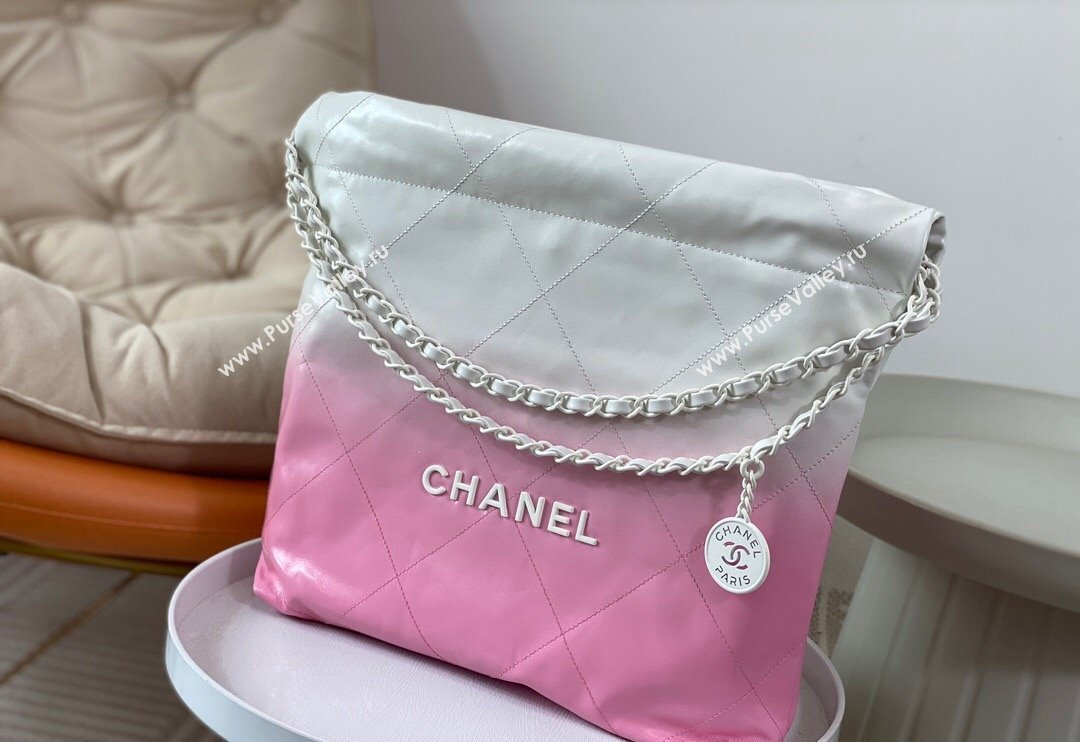 Chanel 22 Patent Gradient Calfskin  Lacquered Metal Small Shopping Bag AS3260 Pink/White 2024 0626 (SM-240626048)