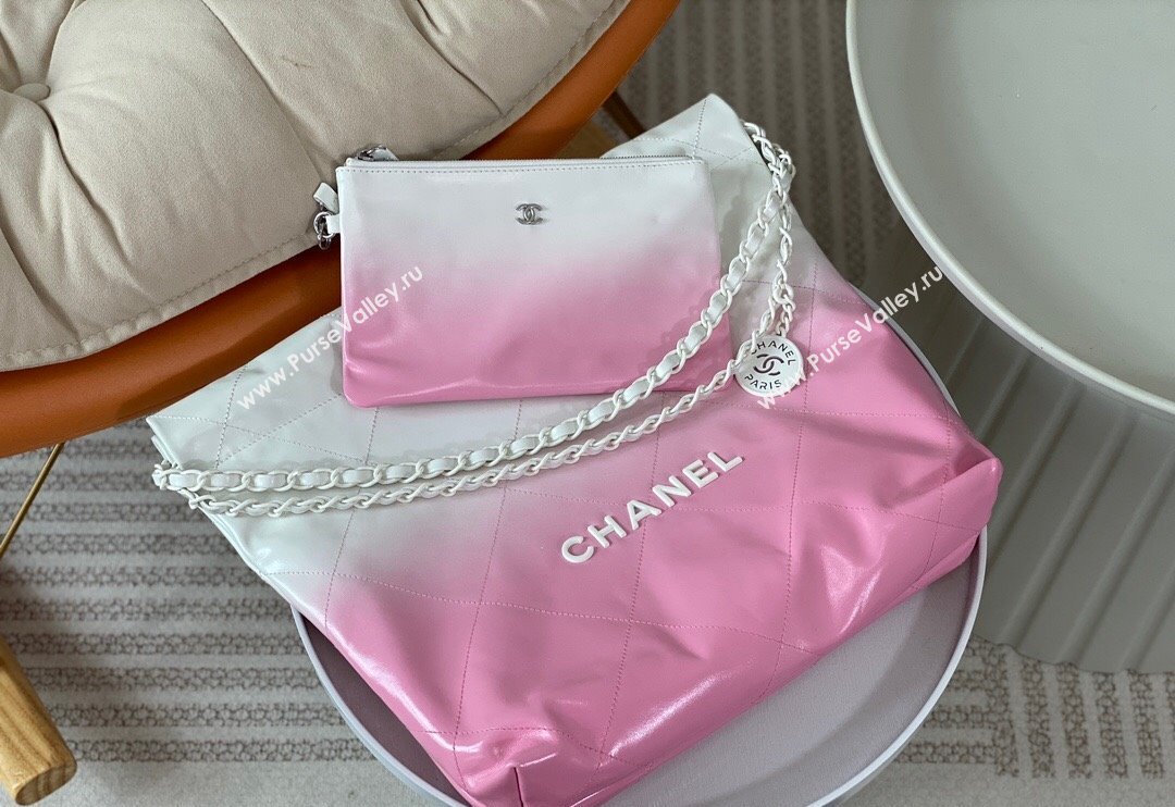 Chanel 22 Patent Gradient Calfskin  Lacquered Metal Small Shopping Bag AS3260 Pink/White 2024 0626 (SM-240626048)