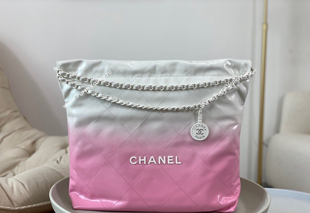 Chanel 22 Patent Gradient Calfskin  Lacquered Metal Shopping Bag AS3261 Pink/White 2024 0626 (SM-240626049)