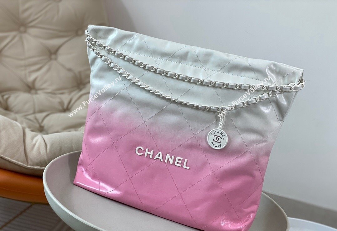 Chanel 22 Patent Gradient Calfskin  Lacquered Metal Shopping Bag AS3261 Pink/White 2024 0626 (SM-240626049)